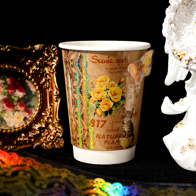 Shimmering Lace Series Gold Stamping PET Tape featuring old, lace, and gold designs for journaling, scrapbooking and collage