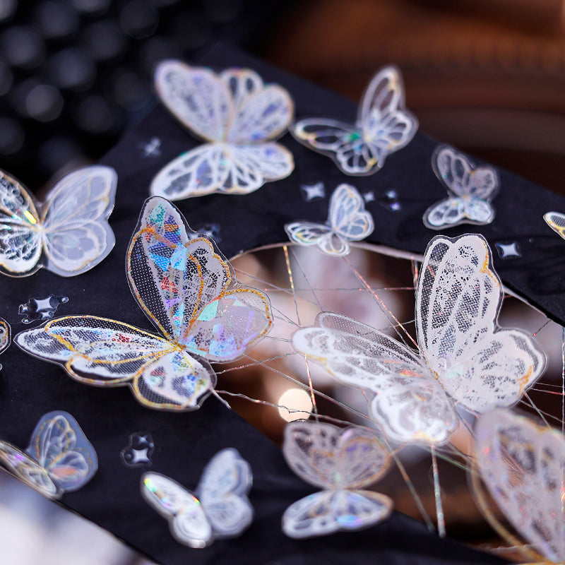 4.5cm*100cm Butterfly wings Die Cutting Flash PET/Shell Light/Gold/Silver Tape featuring butterfly, old, and gold designs for journaling, scrapbooking and collage