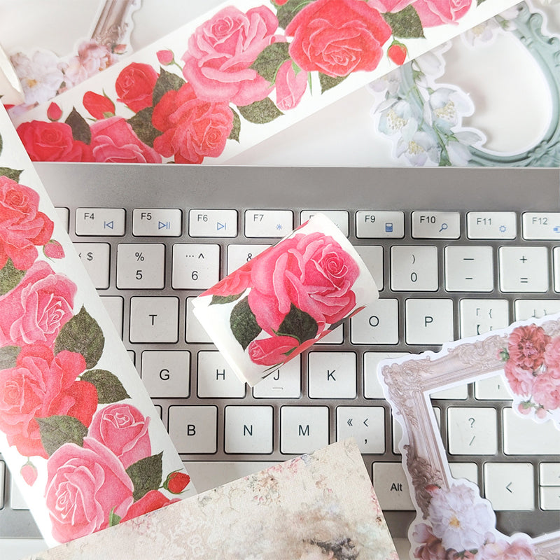 Red rose Washi Tape featuring rose, and red designs for journaling, scrapbooking and collage