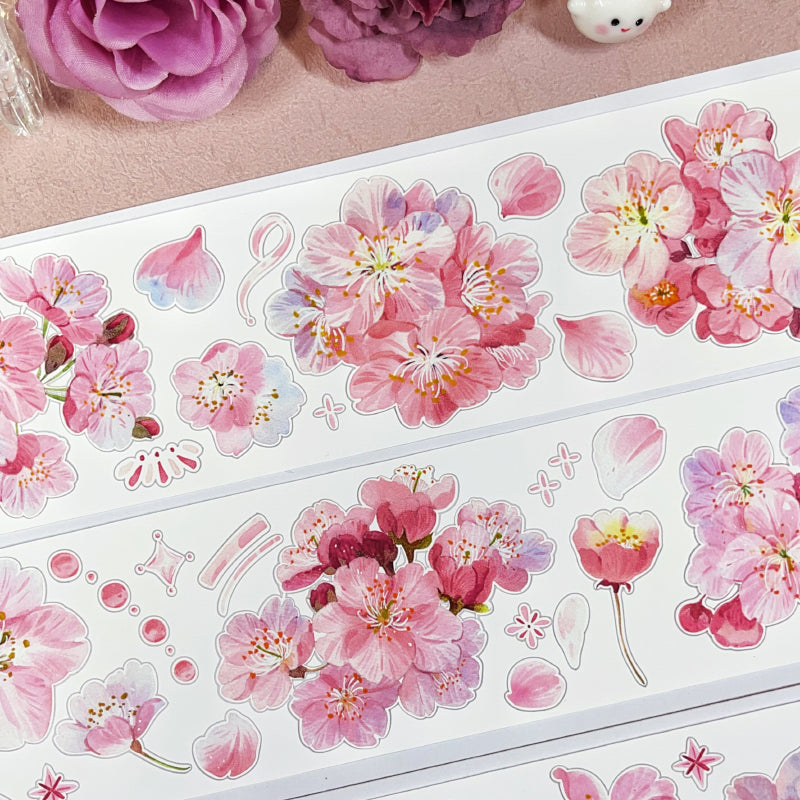 Whole Roll 6cm*5m Cherry Blossom Affair Die Cutting Shell Light PET/Synthetic Paper Tape
