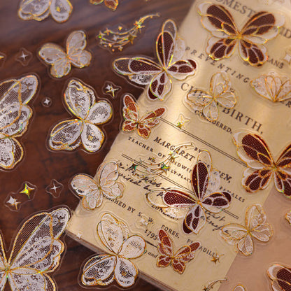 4.5cm*100cm Butterfly wings Die Cutting Flash PET/Shell Light/Gold/Silver Tape featuring butterfly, old, and gold designs for journaling, scrapbooking and collage
