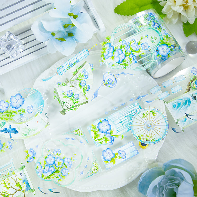 Flower Petal Shell Light PET Tape featuring flower, and light designs for journaling, scrapbooking and collage