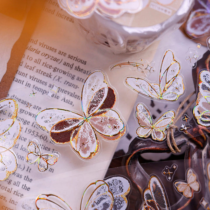 Whole Roll 4.5cm*6m Butterfly wings Die Cutting Flash PET/Shell Light/Gold/Silver Tape featuring butterfly, old, and gold designs for journaling, scrapbooking and collage