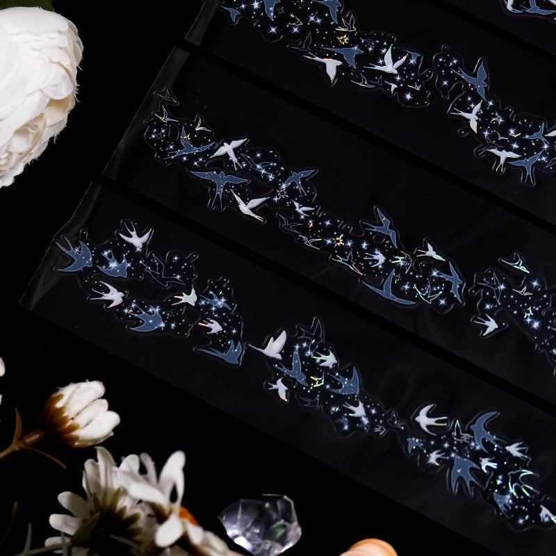 Whole Roll 4cm*5m Returning Birds Die Cutting Shell Silver PET Tape featuring silver, and bird designs for journaling, scrapbooking and collage