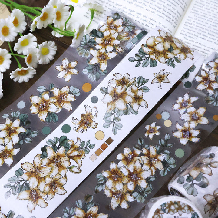 5.1cm*100cm Shan Hai Flower Die Cutting Washi/PET/Shell Light PET Tape featuring flower, and light designs for journaling, scrapbooking and collage