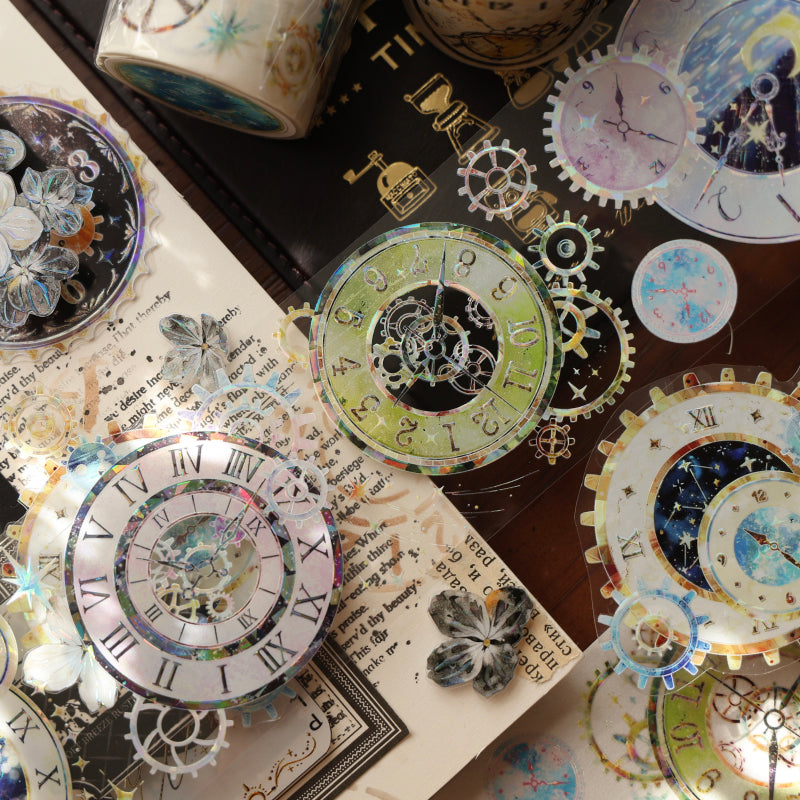 6cm*100cm Clock gears Shell Light Washi/PET Tape featuring light designs for journaling, scrapbooking and collage