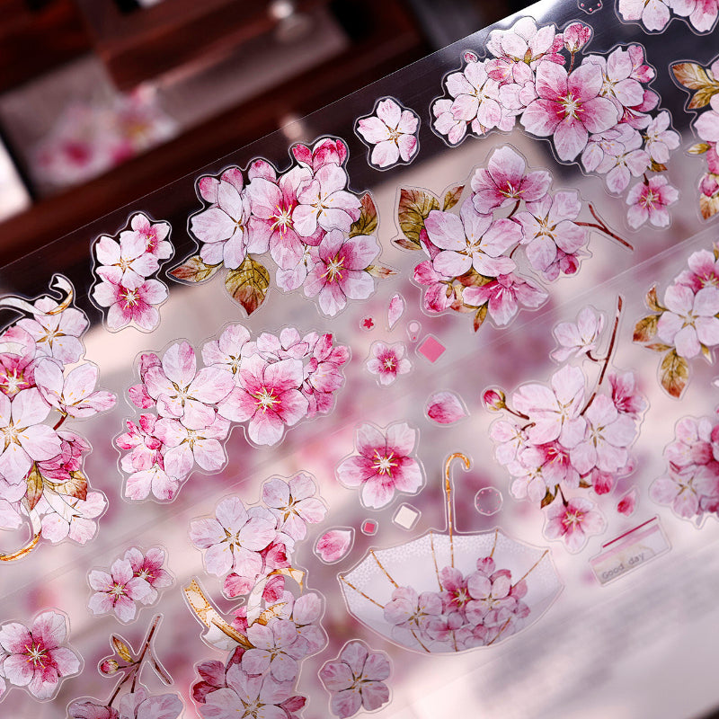 Whole Roll 6.5cm*5m Pink Cherry Blossom Die Cutting Washi/PET/Shell Light Washi/PET Tape
