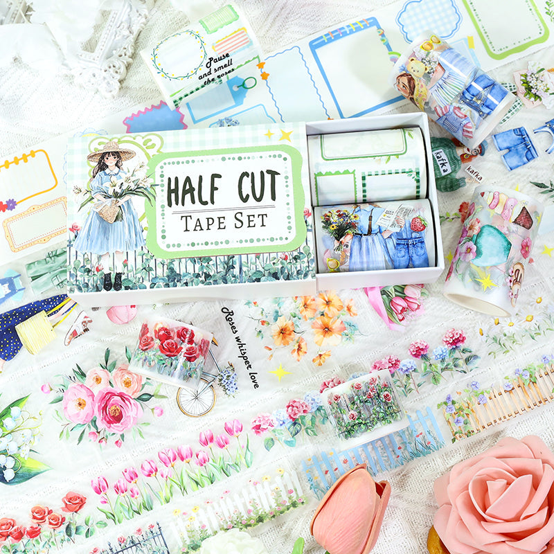 Box garden handmade Die Cutting Washi/Fog PET Tape Set featuring garden designs for journaling, scrapbooking and collage