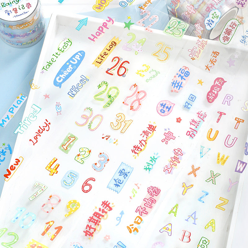 Colorful Fun Words Series Die Cutting PET Tape featuring color designs for journaling, scrapbooking and collage