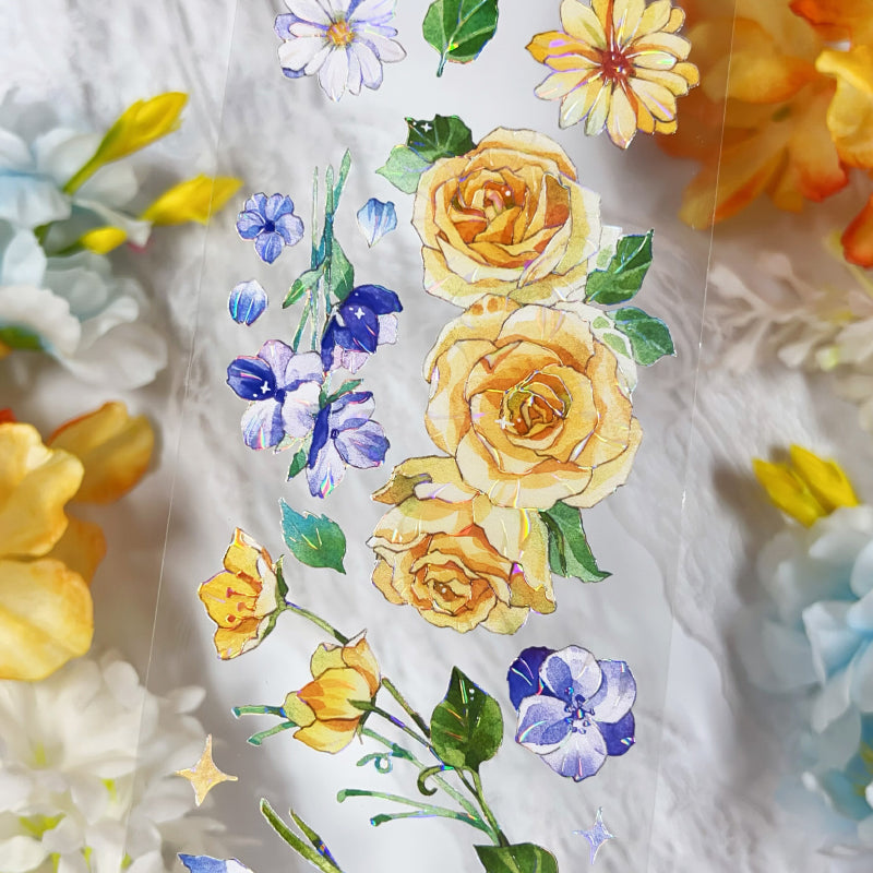 6cm*100cm Yellow and blue small flower Shell Light PET Tape featuring blue, flower, and light designs for journaling, scrapbooking and collage