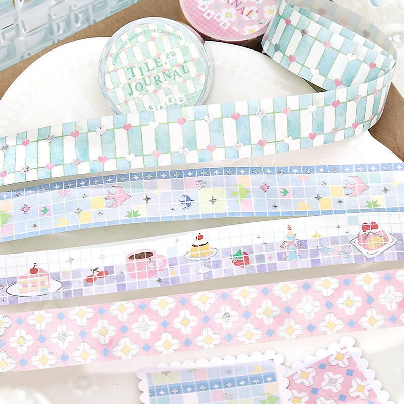 Flower Tile Diary Series Silver Stamping Washi Tape featuring silver, and flower designs for journaling, scrapbooking and collage