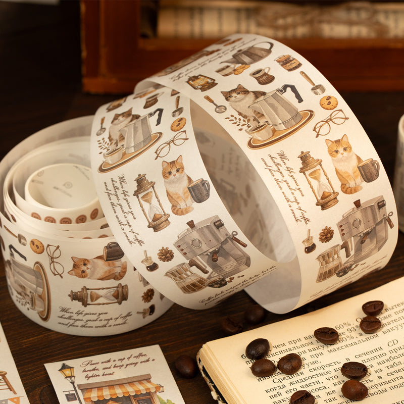 Coffee and Cat Series Washi Tape featuring cat designs for journaling, scrapbooking and collage