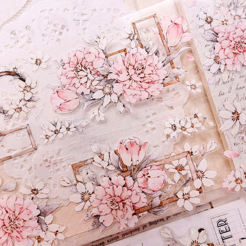 5.5cm*150cm Fluffy flower petals Die Cutting Washi/PET/Shell Light PET Tape featuring flower, and light designs for journaling, scrapbooking and collage
