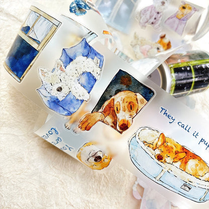 Whole Roll 6cm*10m Cuddly Dog Die Cutting Washi/PET/Fog PET Tape featuring dog designs for journaling, scrapbooking and collage