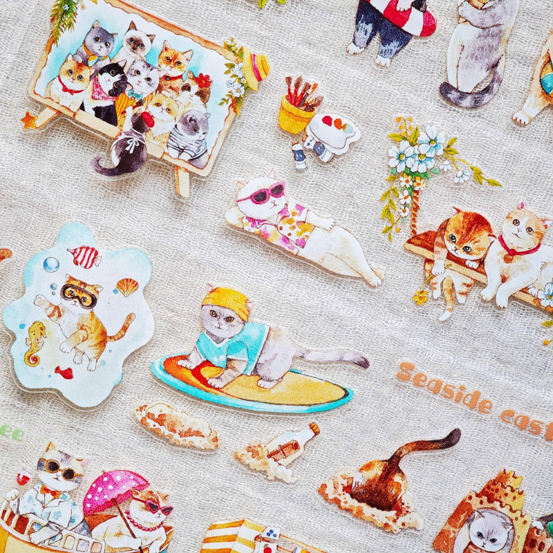 Whole Roll 4.5cm*5m Lazy Cat on Vacation Die Cutting Washi/PET Tape featuring cat designs for journaling, scrapbooking and collage