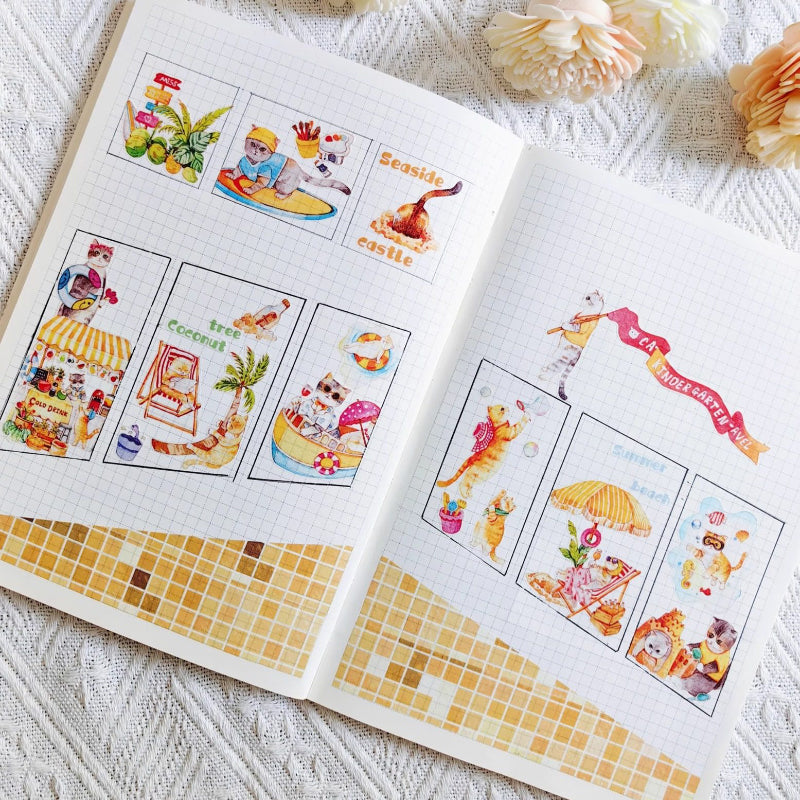 Whole Roll 4.5cm*5m Lazy Cat on Vacation Die Cutting Washi/PET Tape featuring cat designs for journaling, scrapbooking and collage