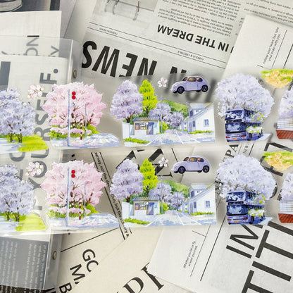 7cm*102cm Spring Day Street Die Cutting Washi/PET/Fog PET Tape featuring spring, street, and tree designs for journaling, scrapbooking and collage