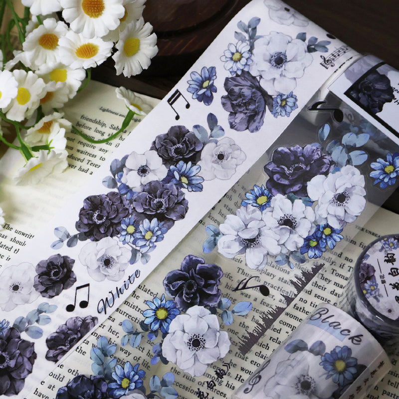 5.5cm*100cm White charm Black flowers Die Cutting Washi/PET/Shell Silver PET Tape featuring white, black, and silver designs for journaling, scrapbooking and collage
