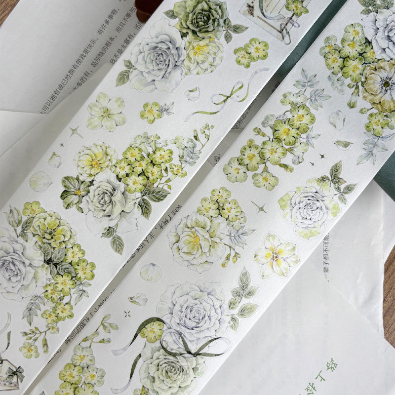 Whole Roll 6cm*5m Green flower Bud Die Cutting Washi/PET/Shell Light PET Tape featuring green, flower, and light designs for journaling, scrapbooking and collage