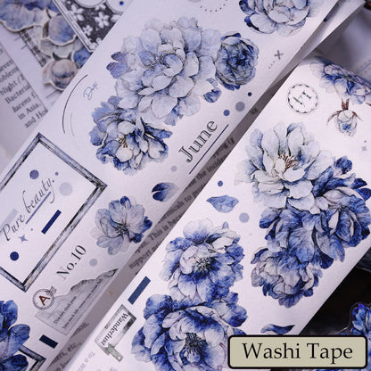 Whole Roll 6cm*6m Dark blue peony flower Die Cutting Washi/PET/Shell Light PET Tape