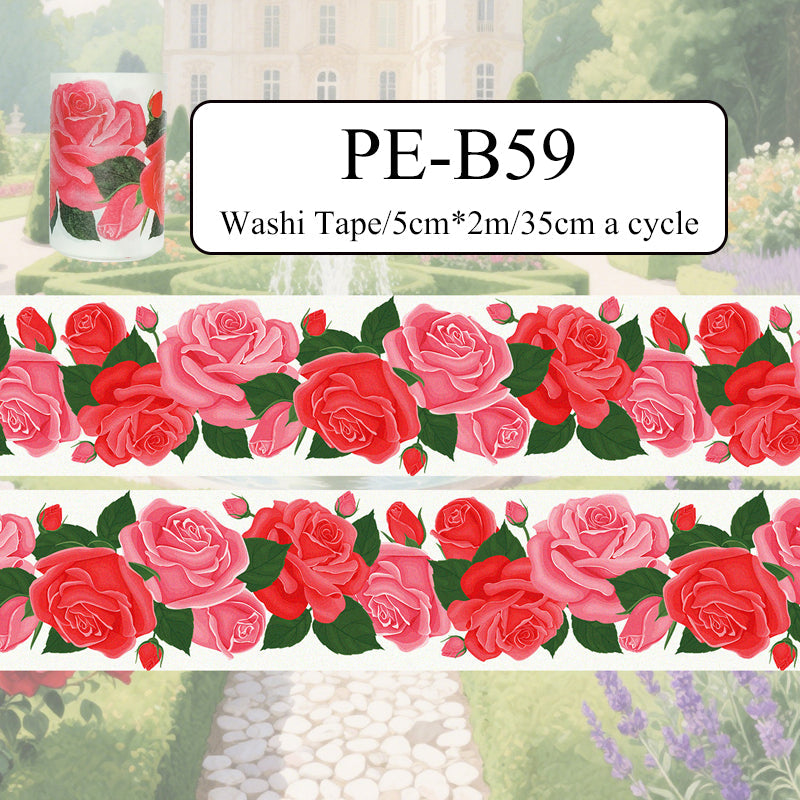 Red rose Washi Tape featuring rose, and red designs for journaling, scrapbooking and collage