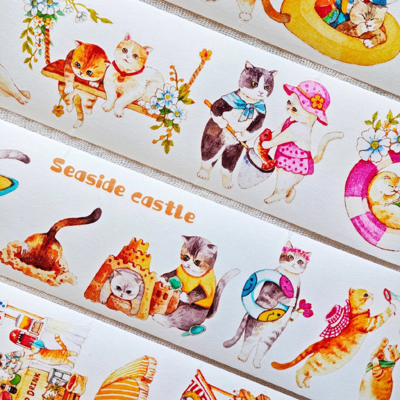 Whole Roll 4.5cm*5m Lazy Cat on Vacation Die Cutting Washi/PET Tape featuring cat designs for journaling, scrapbooking and collage