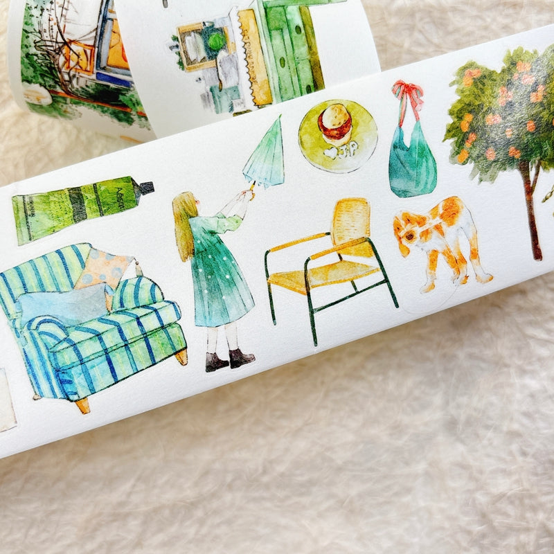 Whole Roll 6cm*5m Greenness Die Cutting Washi/PET/Fog PET Tape featuring green designs for journaling, scrapbooking and collage