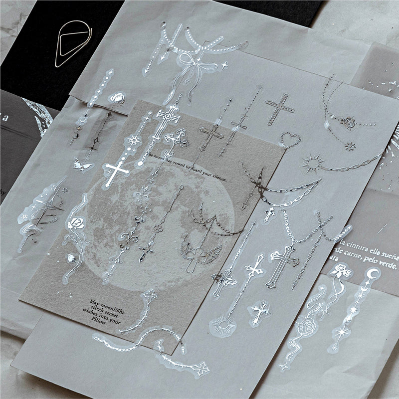 Chain Secret Series Silver Stamping Die Cutting PET Tape featuring secret, and silver designs for journaling, scrapbooking and collage