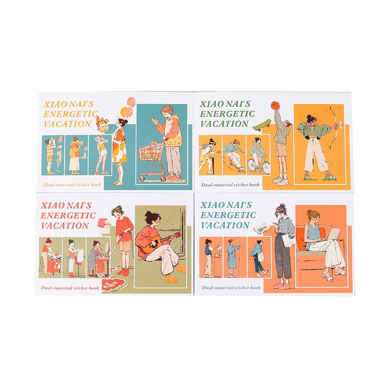 Xiaonai's Energetic Vacation Series Sticker Book featuring cat and book designs for journaling, scrapbooking and collage