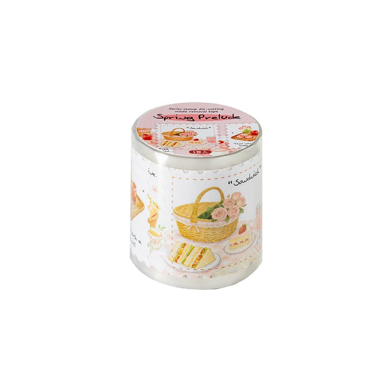 Spring Prelude Series tape featuring spring breeze, flower room, lazy cat cafe, and stream shelter designs for journaling, scrapbooking and collage