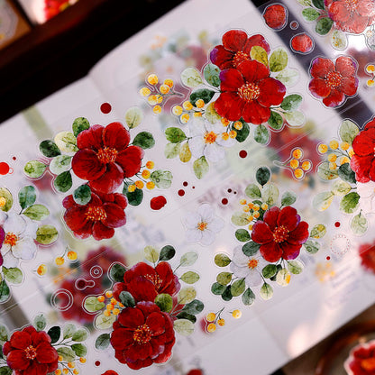5.5cm*100cm Spring Red Tea Die Cutting Washi/PET/Shell Light PET Tape featuring spring, tea, and red designs for journaling, scrapbooking and collage