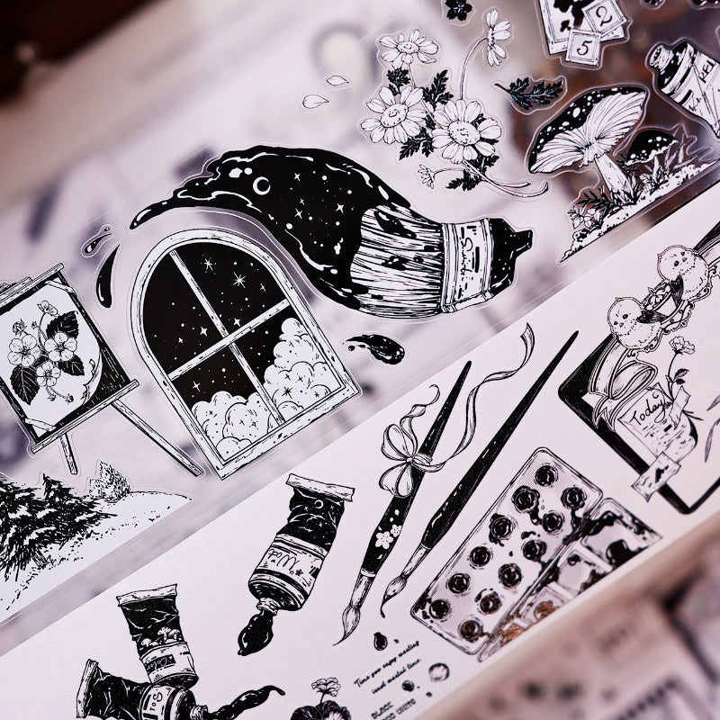 6.5cm*125cm Black and white paintings world Die Cutting Washi/PET/Shell Silver PET Tape featuring white, black, and silver designs for journaling, scrapbooking and collage