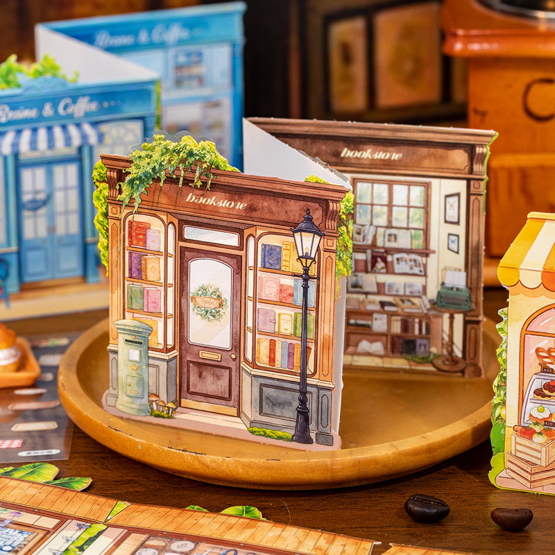 Miniature Street Scene Series 3D Sticker Book featuring book, street, and tree designs for journaling, scrapbooking and collage