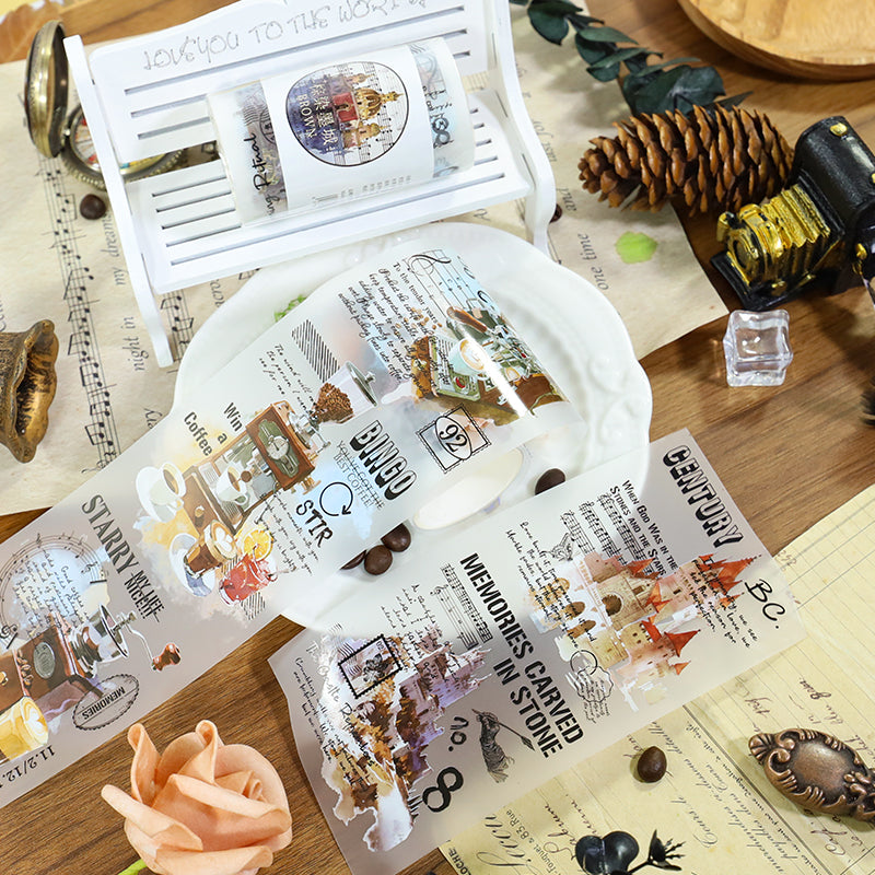 Brown dyed ink city Fog PET Tape featuring brown designs for journaling, scrapbooking and collage