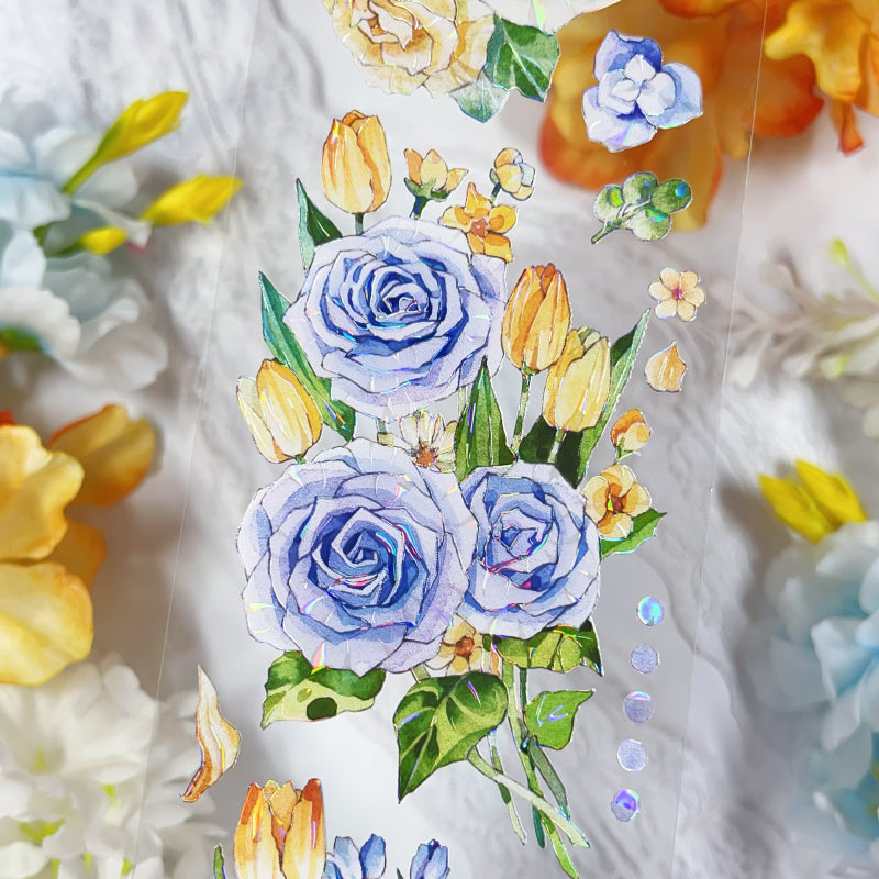 6cm*100cm Yellow and blue small flower Shell Light PET Tape featuring blue, flower, and light designs for journaling, scrapbooking and collage