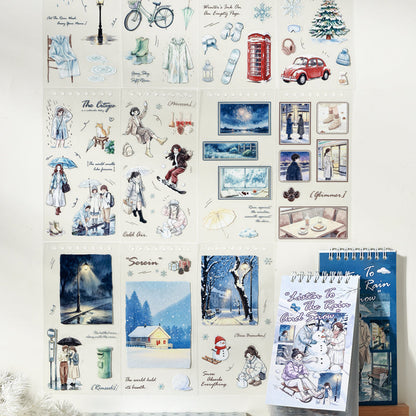 Listen To Rain Snow Series Sticker Book featuring book, rain, and snow designs for journaling, scrapbooking and collage