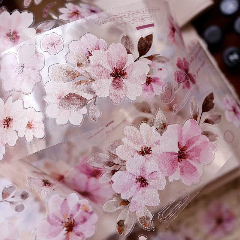 5.5cm*150cm Powdered perfume flower Die Cutting Washi/PET Tape featuring red, and flower designs for journaling, scrapbooking and collage