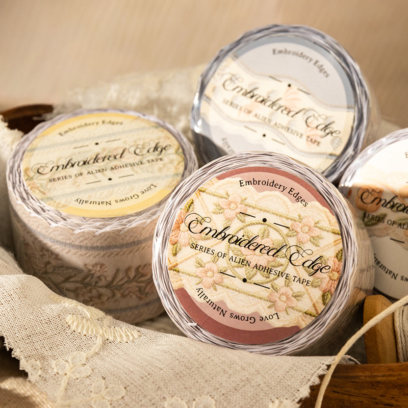 Embroidered Edge Series Kraft Paper Tape featuring red designs for journaling, scrapbooking and collage