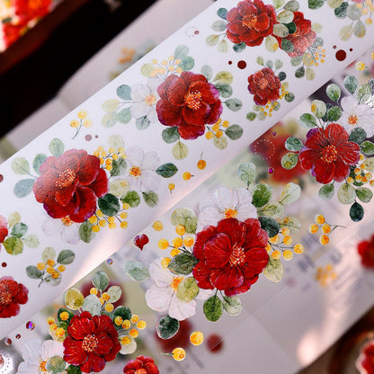 5.5cm*100cm Spring Red Tea Die Cutting Washi/PET/Shell Light PET Tape featuring spring, tea, and red designs for journaling, scrapbooking and collage
