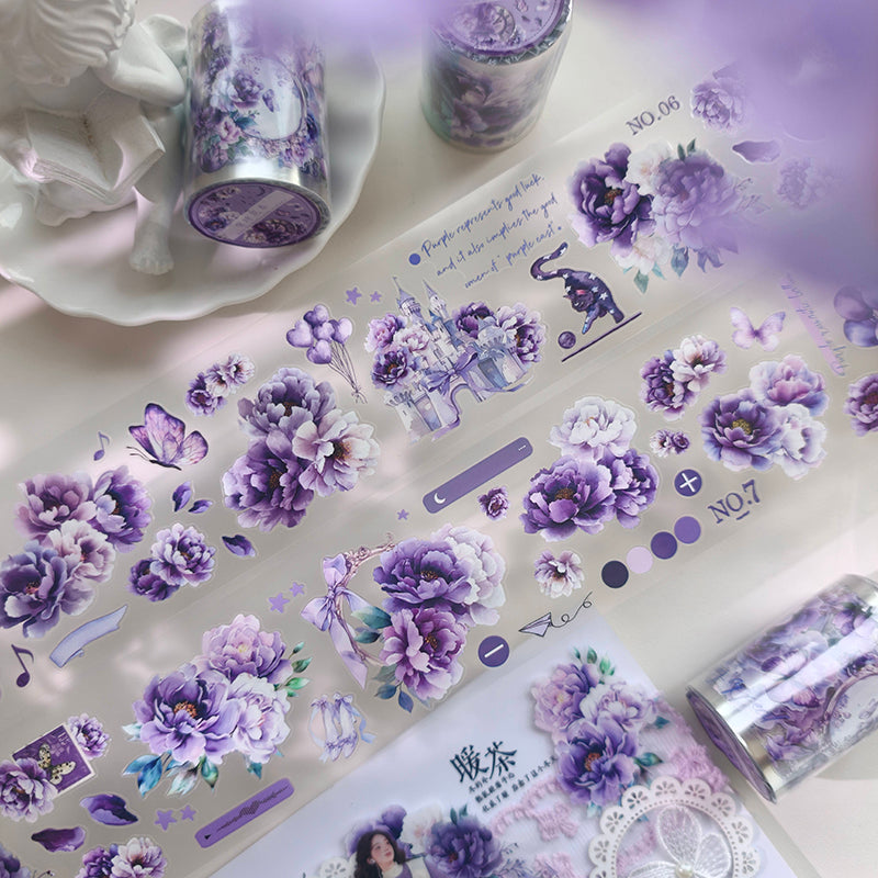 6cm*100cm Purple Time Flower Performance Die Cutting PET Tape featuring flower designs for journaling, scrapbooking and collage