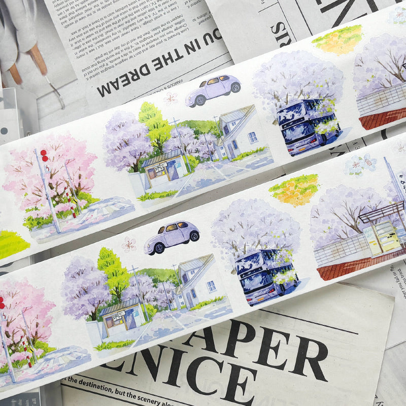 7cm*102cm Spring Day Street Die Cutting Washi/PET/Fog PET Tape featuring spring, street, and tree designs for journaling, scrapbooking and collage