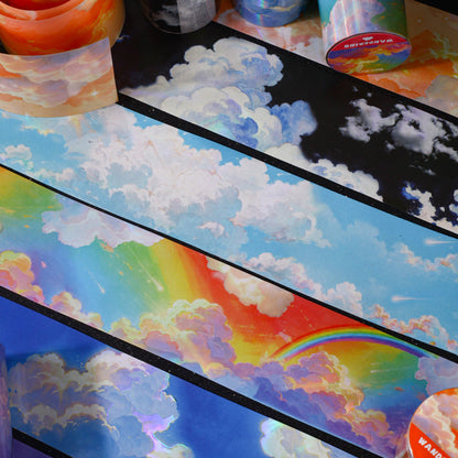 Cloud Travel Series Rainbow Light PET Tape featuring cloud, rain, and light designs for journaling, scrapbooking and collage