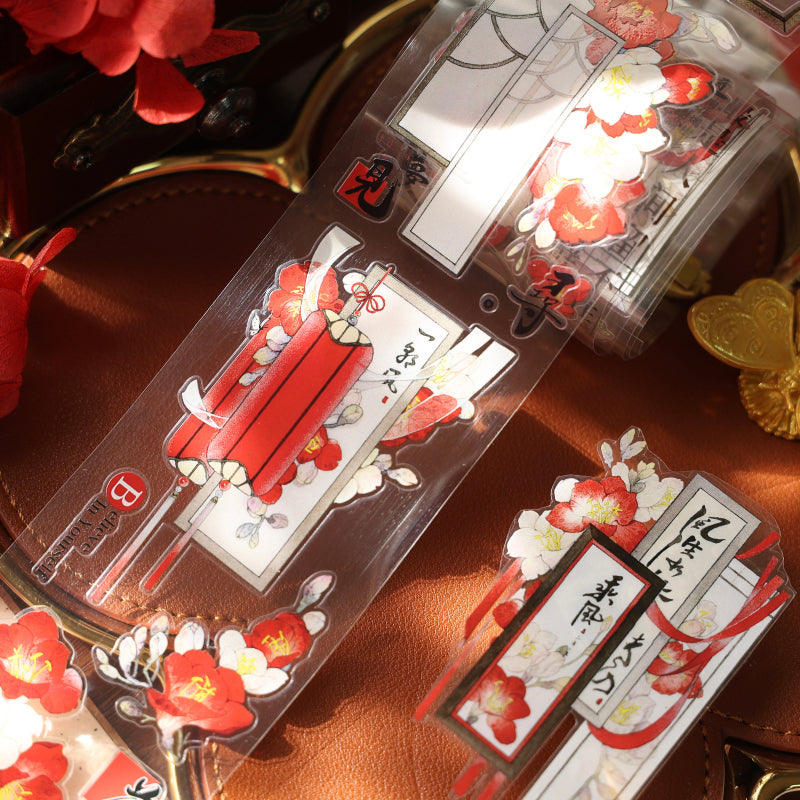 Whole Roll 5.5cm*6m Chinese style flowers Die Cutting Washi/PET/Shell Light PET Tape featuring flower, and light designs for journaling, scrapbooking and collage
