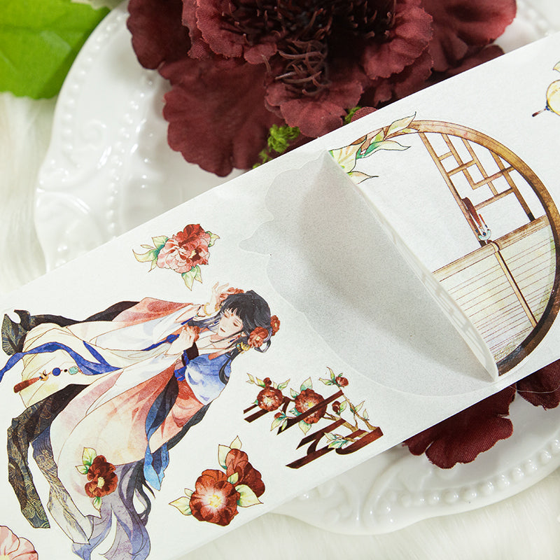 Red makeup Die Cutting Washi/Shell Gold PET Tape featuring old, gold, and red designs for journaling, scrapbooking and collage