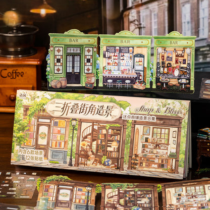 Miniature Street Scene Series 3D Sticker Book featuring book, street, and tree designs for journaling, scrapbooking and collage