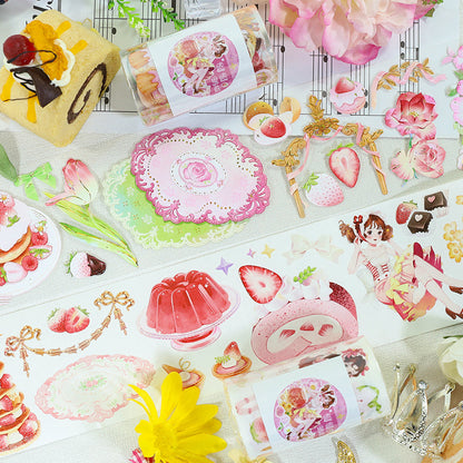 Strawberry ice cream pudding Die Cutting Washi/Shell Gold PET Tape featuring old, gold, and cream designs for journaling, scrapbooking and collage