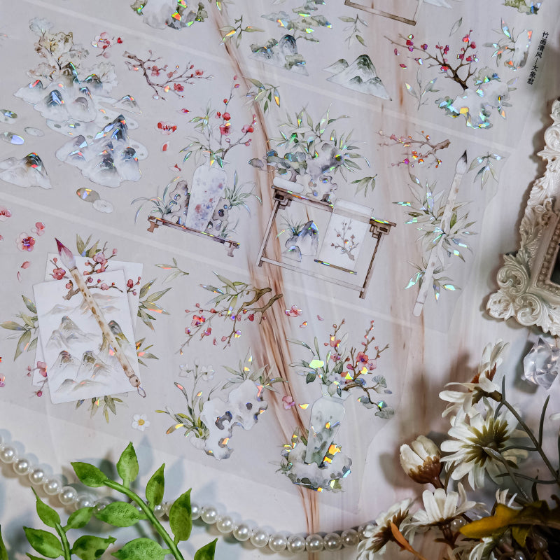 Whole Roll 7.5cm*5m Bamboo Painting Shell Light PET Tape featuring light designs for journaling, scrapbooking and collage