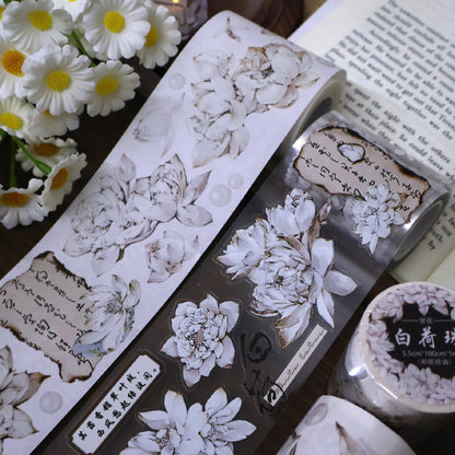 5.5cm*100cm White lotus flower Die Cutting Washi/PET/Shell Silver PET Tape featuring white, silver, and flower designs for journaling, scrapbooking and collage