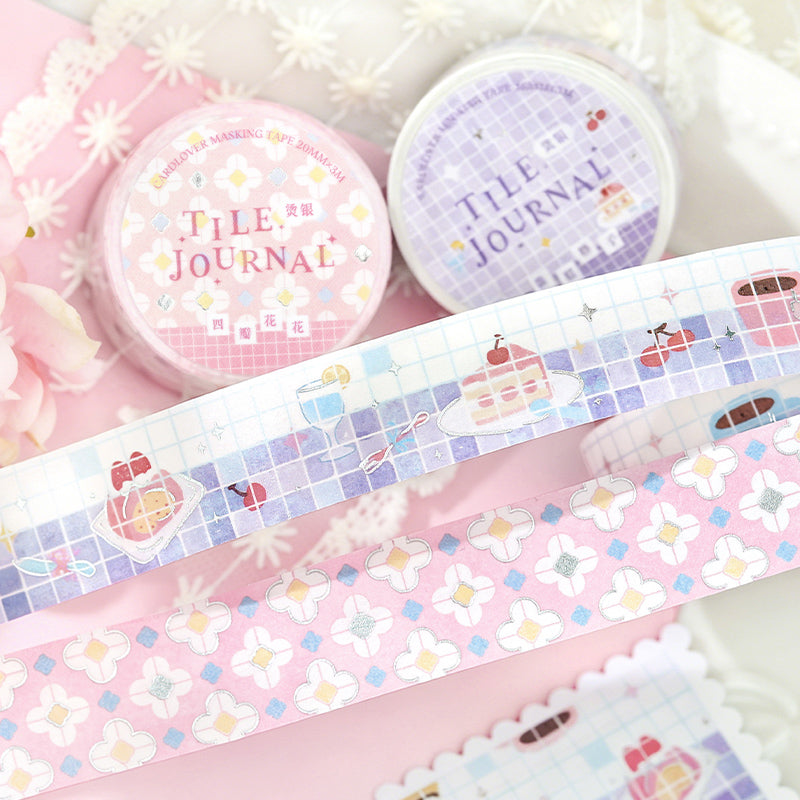 Flower Tile Diary Series Silver Stamping Washi Tape featuring silver, and flower designs for journaling, scrapbooking and collage