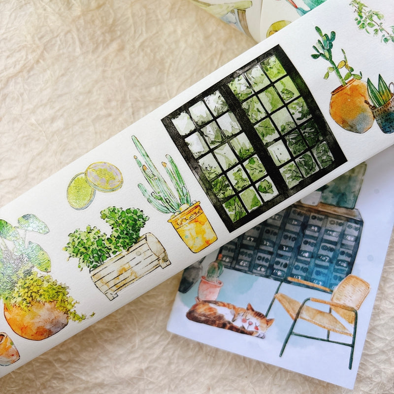 Whole Roll 6cm*5m Greenness Die Cutting Washi/PET/Fog PET Tape featuring green designs for journaling, scrapbooking and collage
